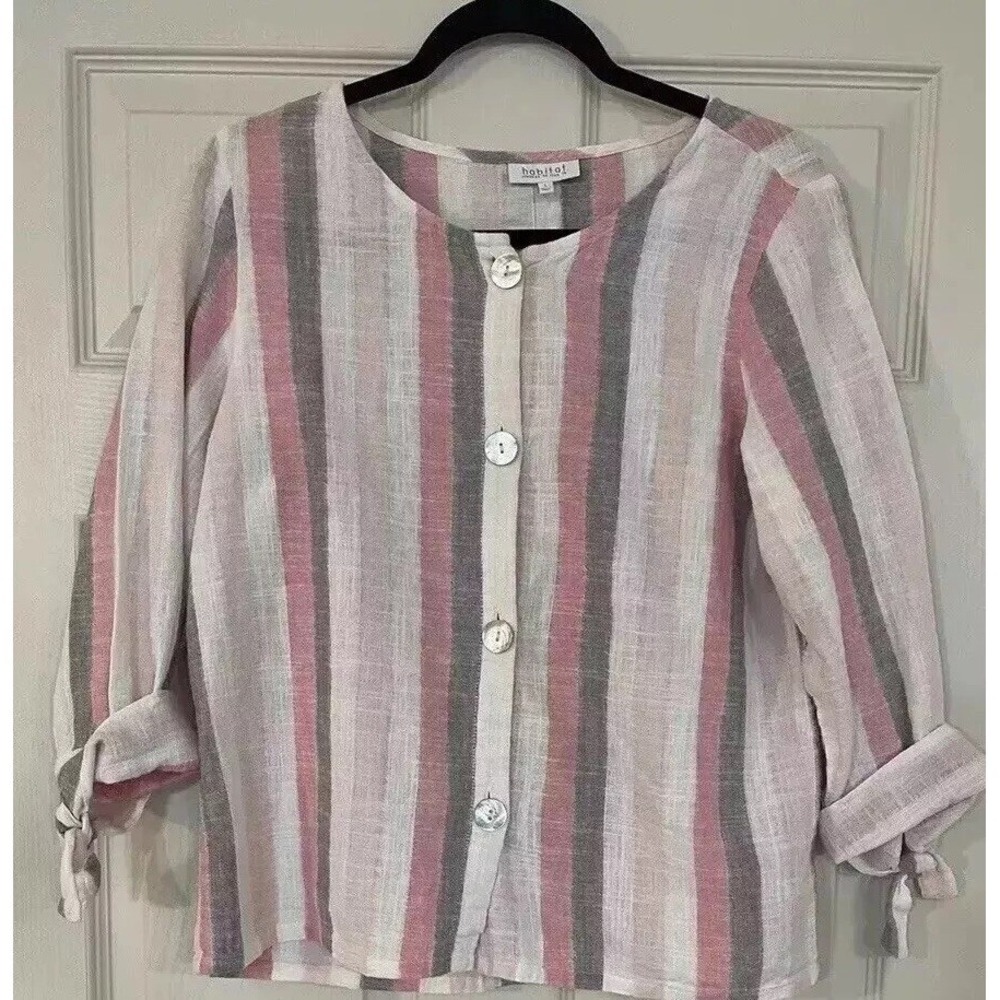 Habitat Linen Cotton Blouse 3/4 Sleeve & Tie Button Front Multi Striped Small
